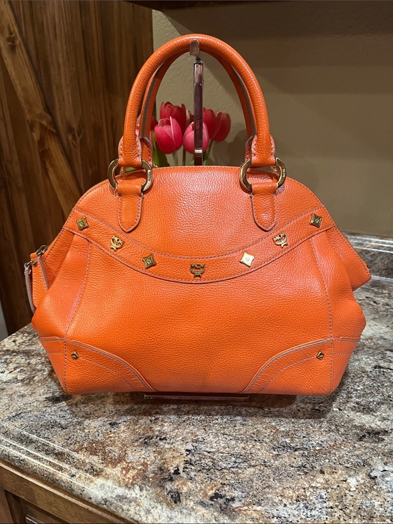 MCM Handbags - MCM Orange Pebbled Leather Dome Satchel with Gold-Tone Accents
